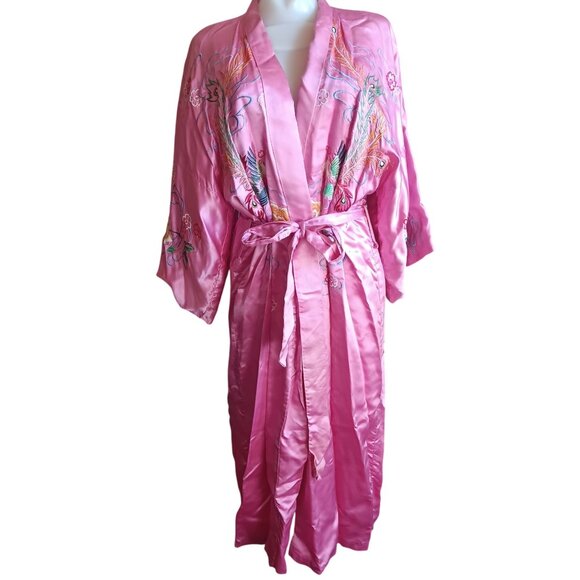 Medium Vintage Women's Pink Satin Kimono Robe With Peacock & Floral Embroidery - Picture 1 of 13